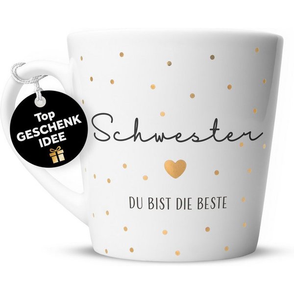 Amari Tasse Schwesterherz Spruch Gold, Geschenk Schwester Lieblingsschwester, 1-tlg., Keramik, Kaffeetasse Teetasse 330 ml Geschenkbox Geburtstag Weihnachten