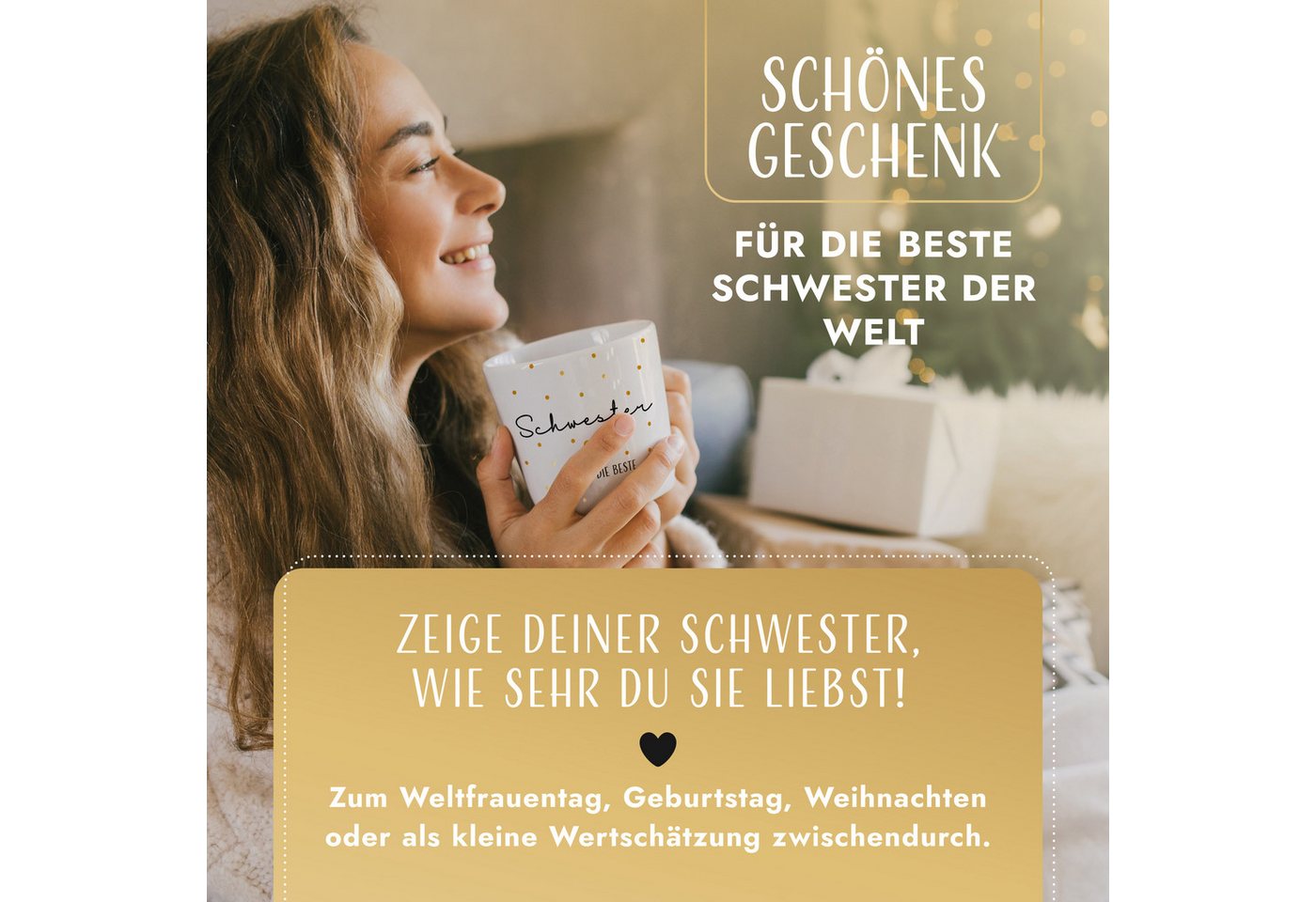 Amari Tasse Schwesterherz Spruch Gold, Geschenk Schwester Lieblingsschwester, 1-tlg., Keramik, Kaffeetasse Teetasse 330 ml Geschenkbox Geburtstag Weihnachten – Bild 2 von 5