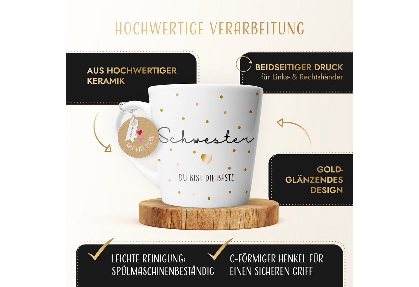 Amari Tasse Schwesterherz Spruch Gold, Geschenk Schwester Lieblingsschwester, 1-tlg., Keramik, Kaffeetasse Teetasse 330 ml Geschenkbox Geburtstag Weihnachten – Bild 3 von 5