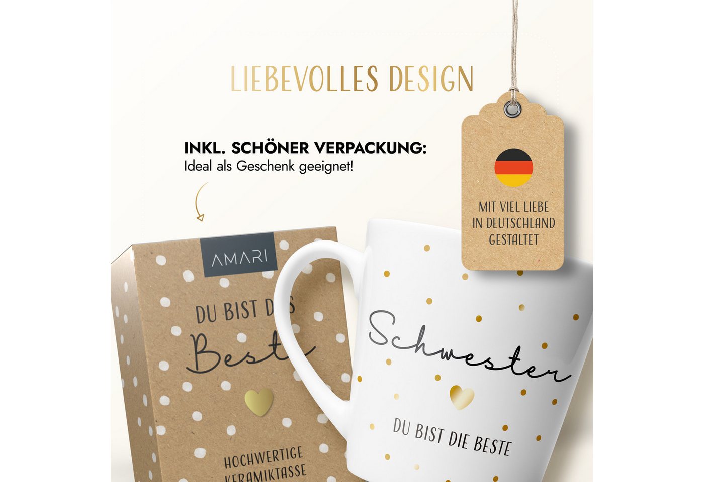 Amari Tasse Schwesterherz Spruch Gold, Geschenk Schwester Lieblingsschwester, 1-tlg., Keramik, Kaffeetasse Teetasse 330 ml Geschenkbox Geburtstag Weihnachten – Bild 4 von 5