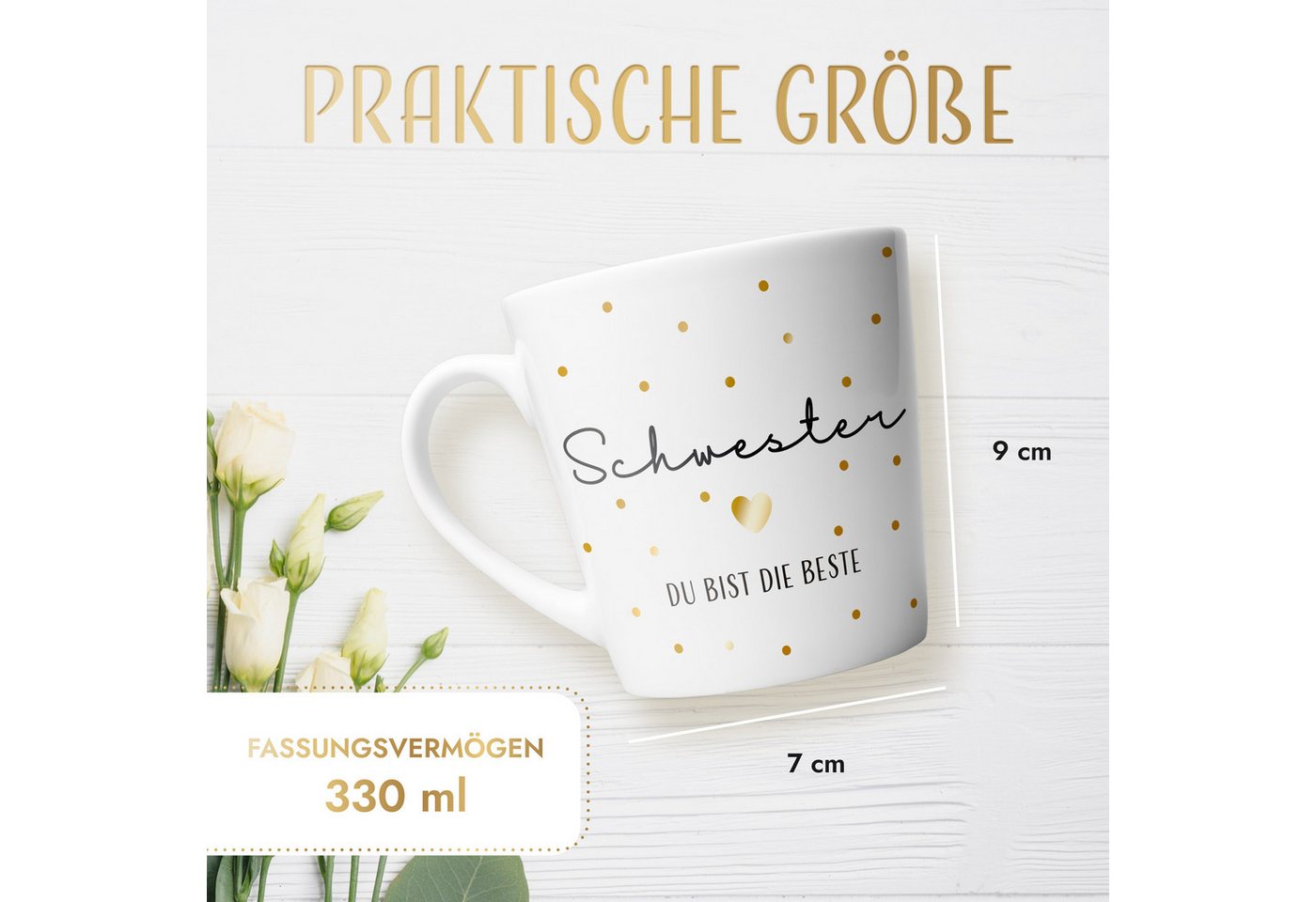 Amari Tasse Schwesterherz Spruch Gold, Geschenk Schwester Lieblingsschwester, 1-tlg., Keramik, Kaffeetasse Teetasse 330 ml Geschenkbox Geburtstag Weihnachten – Bild 5 von 5