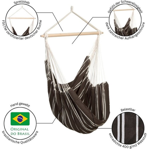 Amazonas Hängesessel Brasil KingSize Hängestuhl (Belastbarkeit 150 kg, Handgefertigt, aus recycelten Materialien), Große Sitzfläche