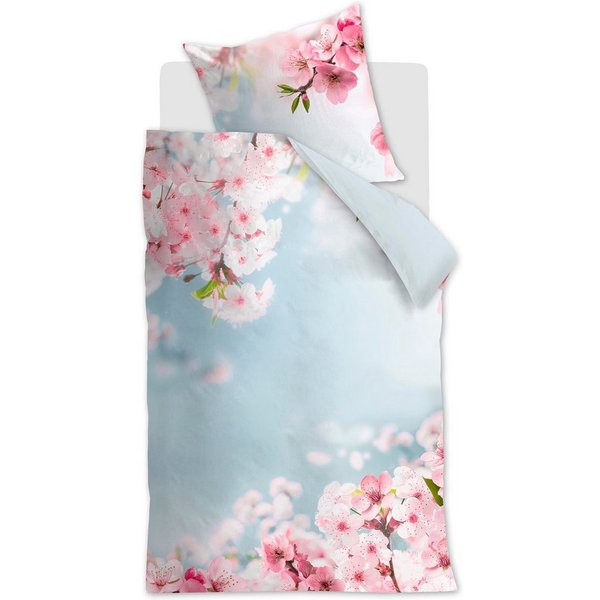 Ambiante Bettwäsche Renforcé Baumwolle, Renforcé, rosa Blüten, blauer Himmel