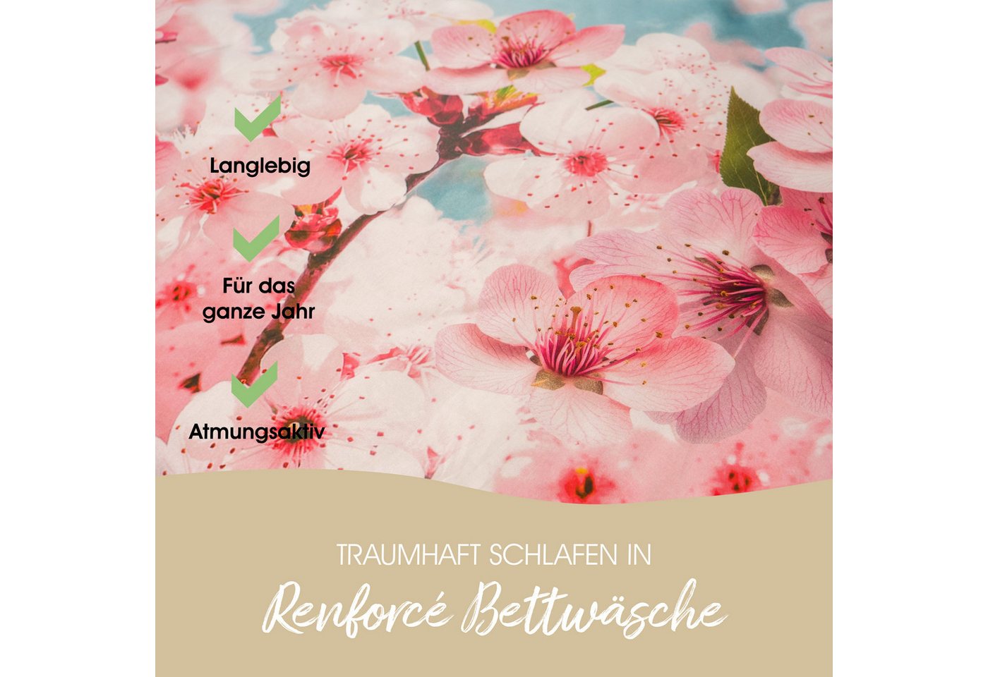 Ambiante Bettwäsche Renforcé Baumwolle, Renforcé, rosa Blüten, blauer Himmel – Bild 3 von 5
