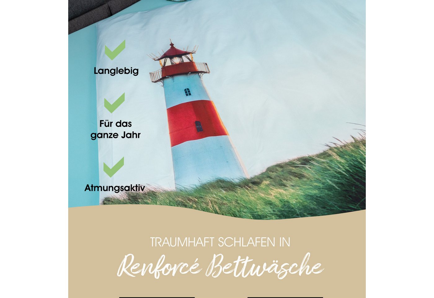 Ambiante Bettwäsche Renforcé Baumwolle, Renforcé, Leuchtturm, Düne, blau – Bild 4 von 5