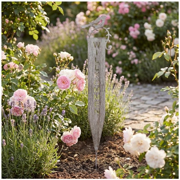 Ambiente Haus Gartenstecker Willkommen (H) 70cm (1-St) mit Vogel und Schriftzug für Außenbereich