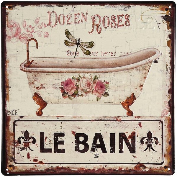 Ambiente Haus Metallbild Le Bain 30x30cm, (1 St), mit Schriftzug und Rosen
