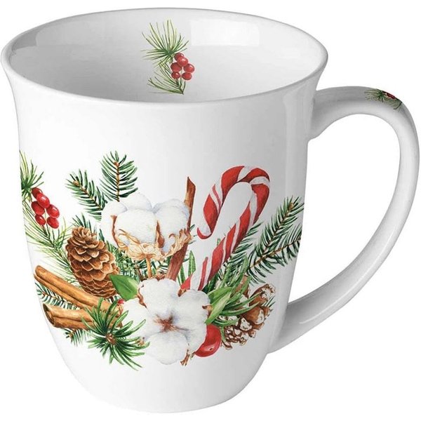 Ambiente Luxury Paper Products Becher Weihnachtsbecher- Silvester - Herbst / Winter Tee - Kaffee Tasse, 1-tlg., Porzellan Weihnachtsarrangement, Zweige, Blumen,
