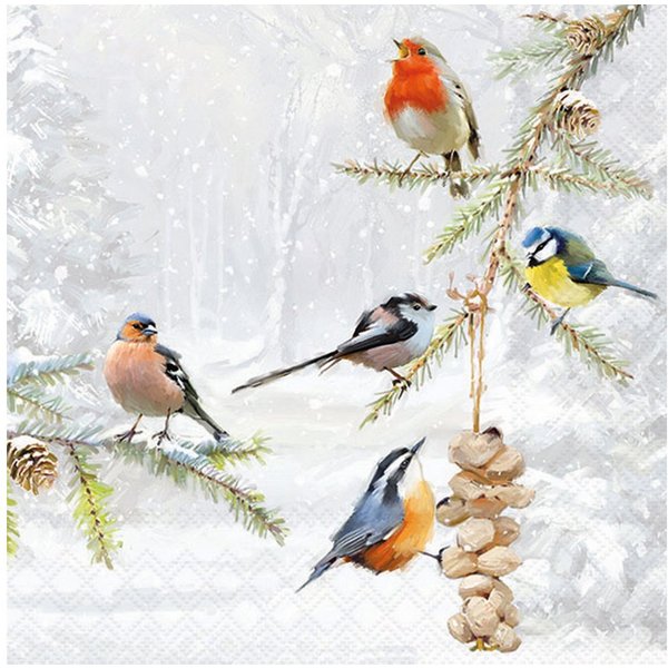 Ambiente Luxury Paper Products Papierserviette, Servietten Papier 33x33cm 3-lagig mit Wintervögel Motiv 20 Stück