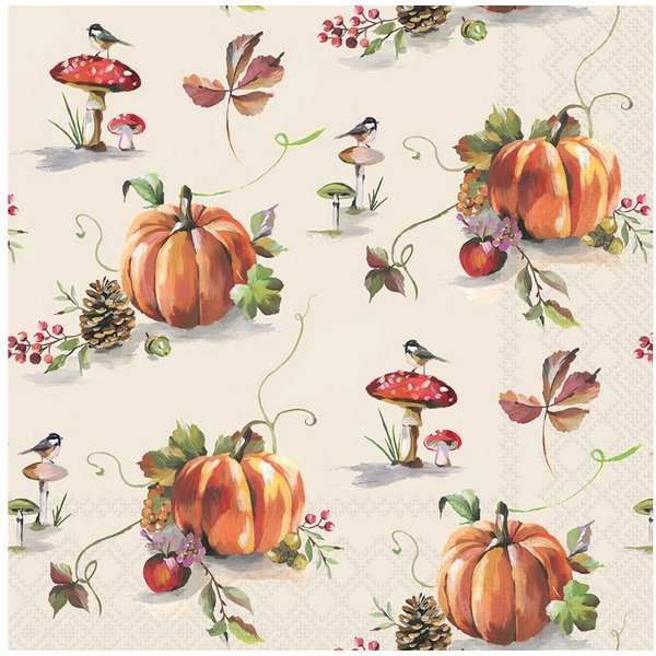 Ambiente Luxury Paper Products Papierserviette, Servietten Papier 33x33cm 3-lagig mit Kürbis & Pilze Motiv 20 Stück