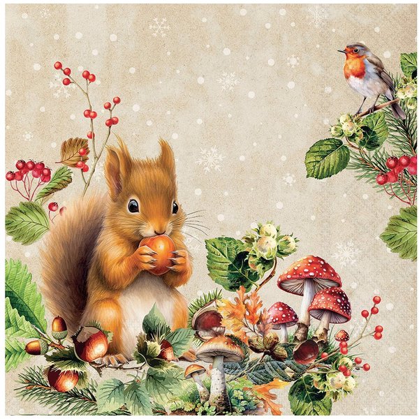 Ambiente Luxury Paper Products Papierserviette, Servietten Papier 33x33cm 3-lagig mit Eichhörnchen Motiv 20 Stück