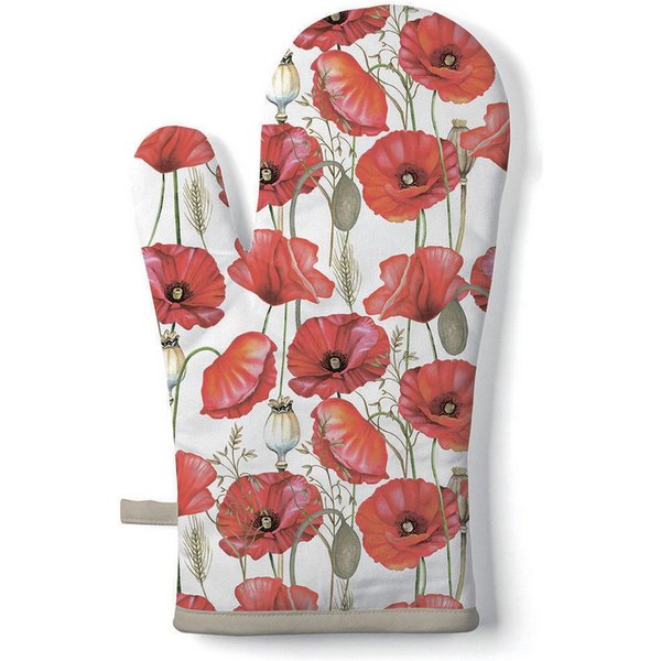 Ambiente Luxury Paper Products Topfhandschuhe, Ofenhandschuh Baumwolle 18x30cm mit roten Mohnblumen Weiß / Rot