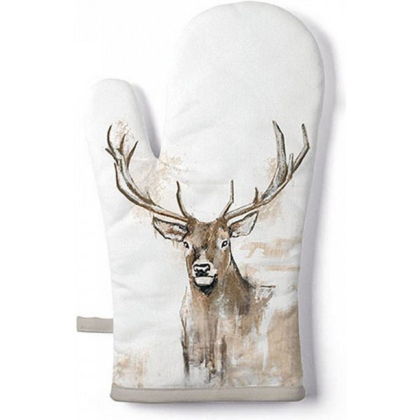 Ambiente Luxury Paper Products Topfhandschuhe, Ofenhandschuh Baumwolle 18x30cm mit Hirsch Motiv Weiß / Braun