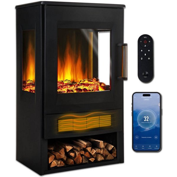 AMBINESS Elektrokamin 2 Heizstufen, 900W - 2000W, LED - 3D Flammeneffekt mit Farbwechsel, inkl. Smart-Home-Steuerung, Fernbedienung Timer & Thermostat