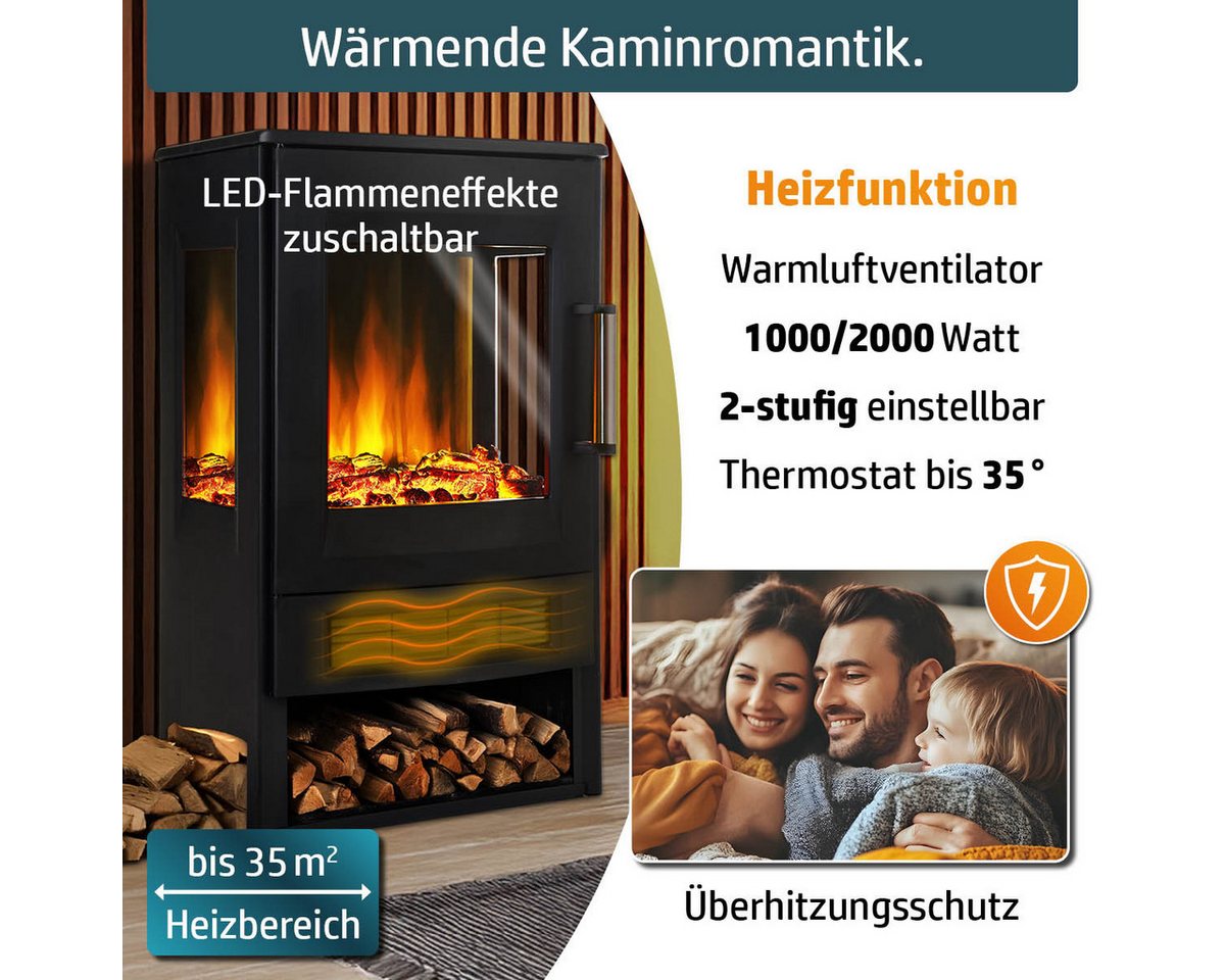 AMBINESS Elektrokamin 2 Heizstufen, 900W - 2000W, LED - 3D Flammeneffekt mit Farbwechsel, inkl. Smart-Home-Steuerung, Fernbedienung Timer & Thermostat – Bild 2 von 5