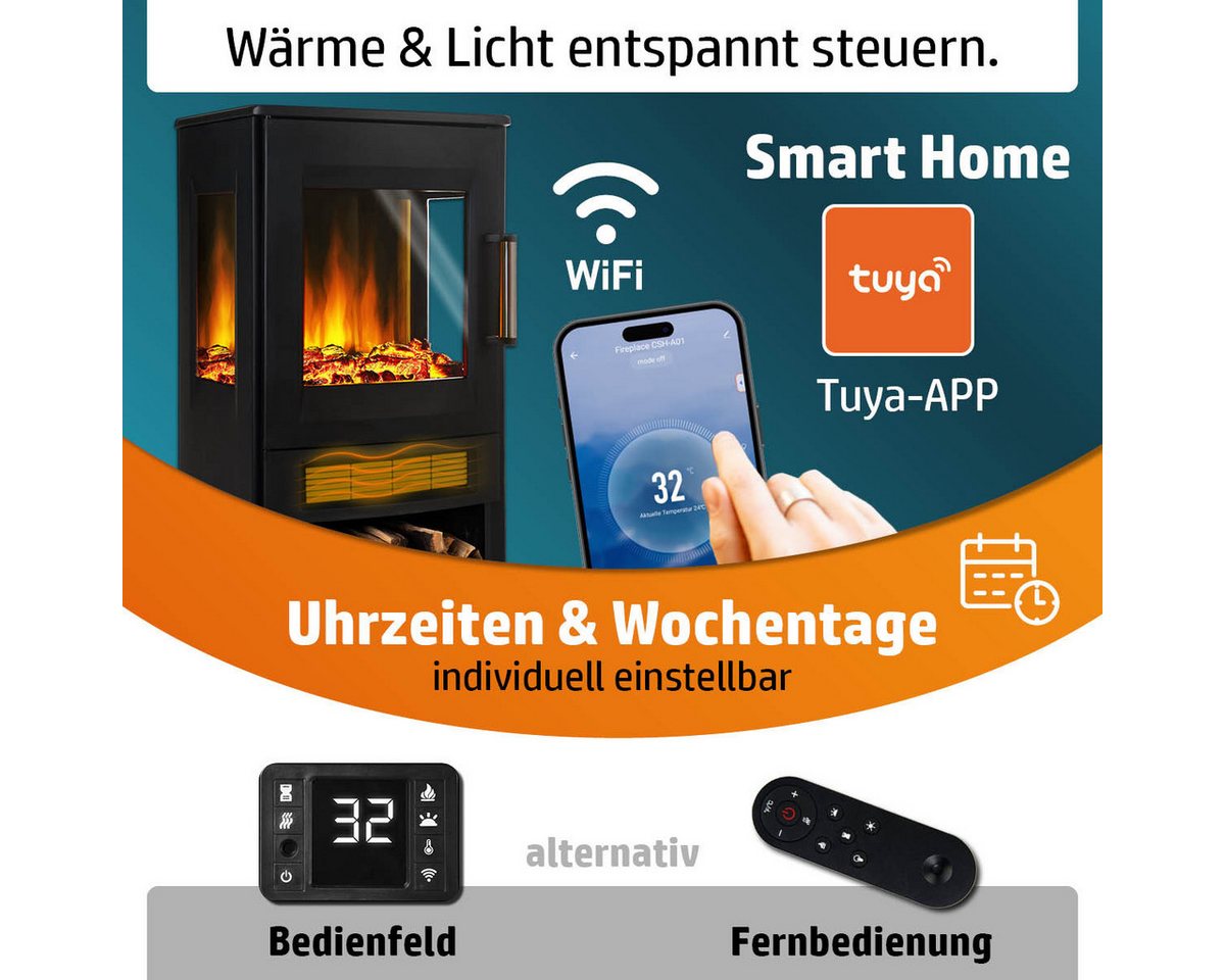 AMBINESS Elektrokamin 2 Heizstufen, 900W - 2000W, LED - 3D Flammeneffekt mit Farbwechsel, inkl. Smart-Home-Steuerung, Fernbedienung Timer & Thermostat – Bild 4 von 5