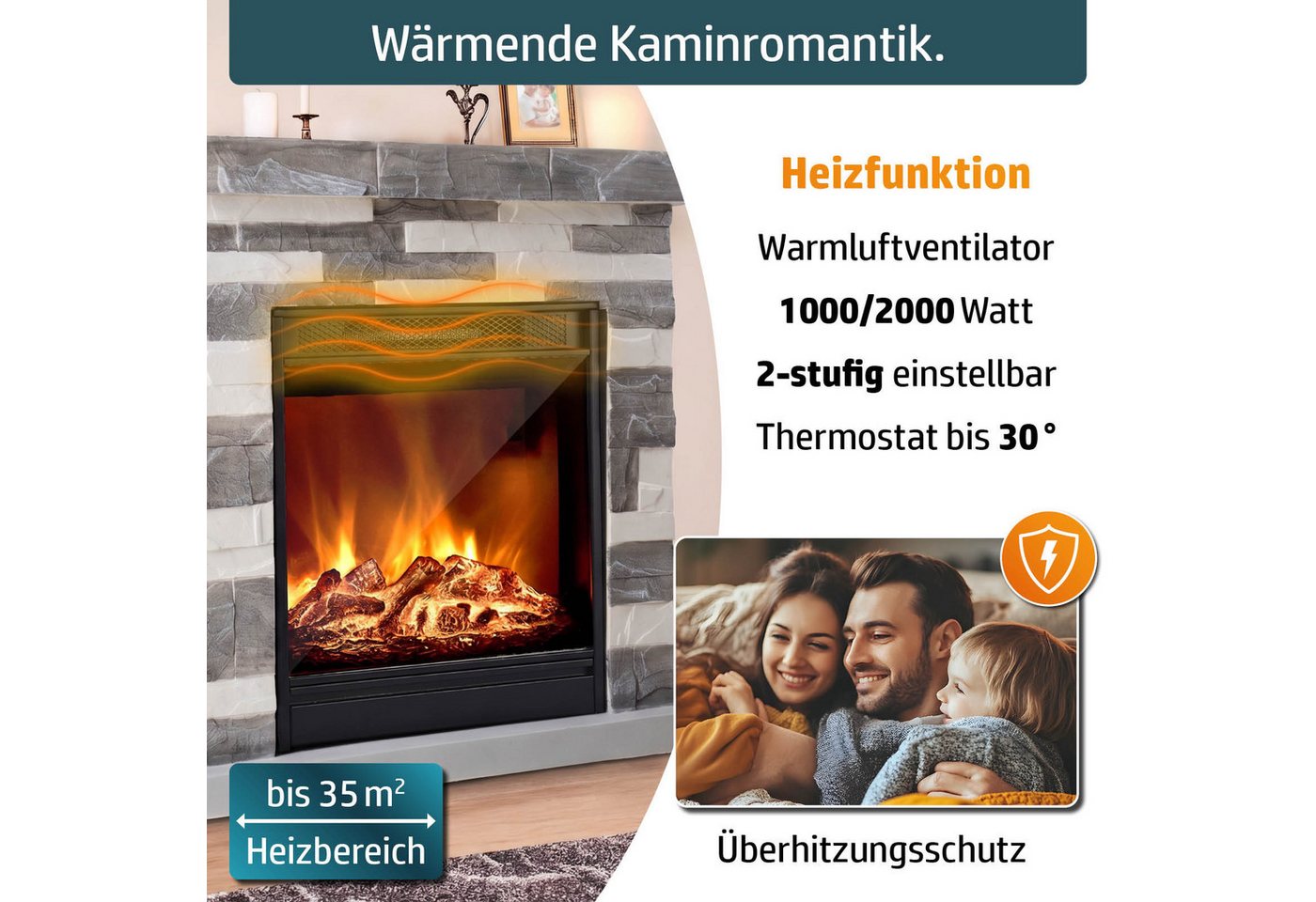 AMBINESS Elektrokamin 2 Heizstufen, 900W - 2000W, LED - 3D Flammeneffekt mit Farbwechsel – Bild 2 von 5