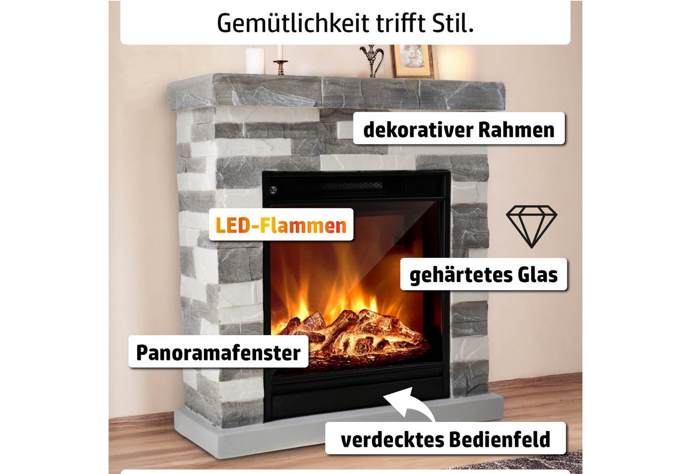 AMBINESS Elektrokamin 2 Heizstufen, 900W - 2000W, LED - 3D Flammeneffekt mit Farbwechsel – Bild 3 von 5