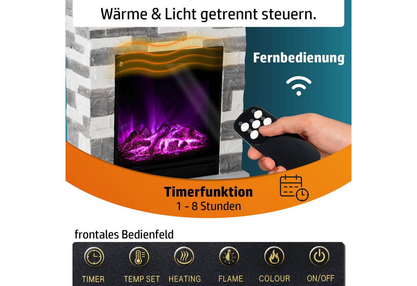 AMBINESS Elektrokamin 2 Heizstufen, 900W - 2000W, LED - 3D Flammeneffekt mit Farbwechsel – Bild 4 von 5