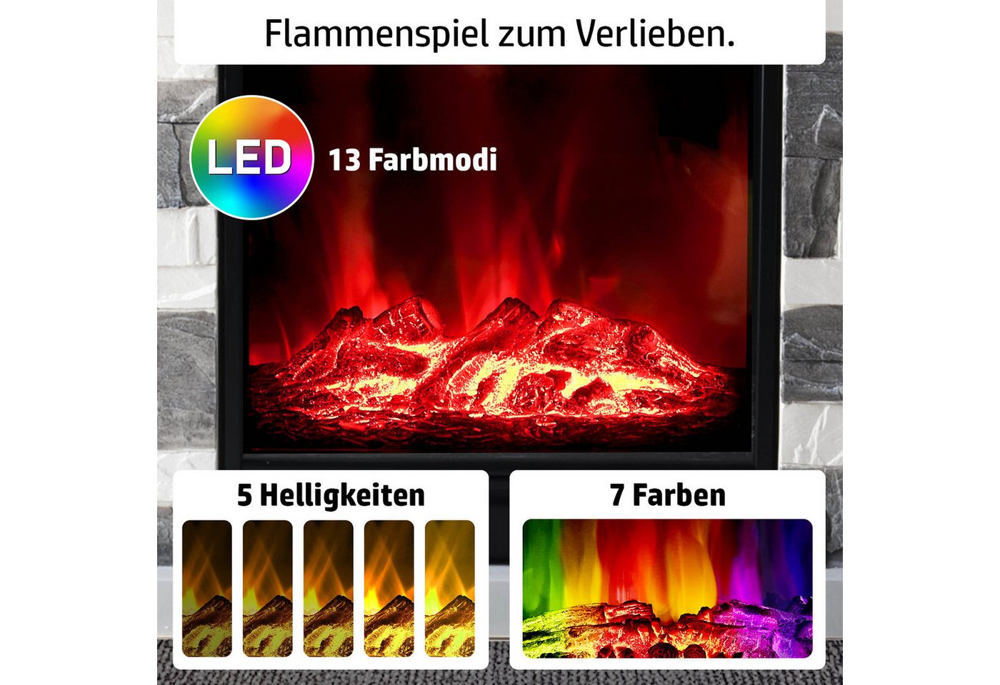 AMBINESS Elektrokamin 2 Heizstufen, 900W - 2000W, LED - 3D Flammeneffekt mit Farbwechsel – Bild 5 von 5