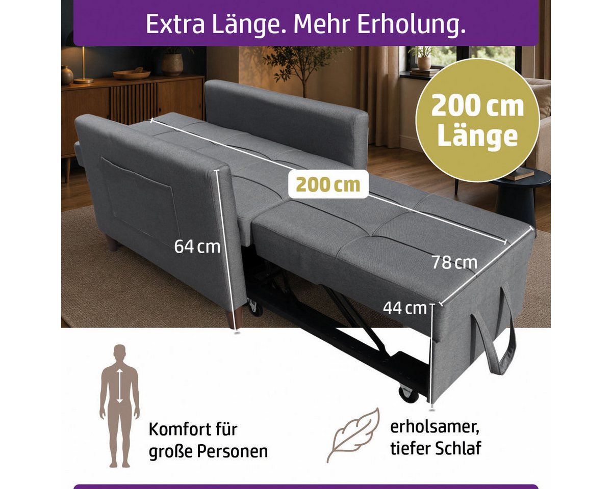 AMBINESS Schlafsofa 3in1, Einsitzer oder Zweisitzer, Sofa, Chaise Longue und Gästebett, 3 Farben, Liegefläche 200cm, 220g/m² Leinenstoff – Bild 3 von 5
