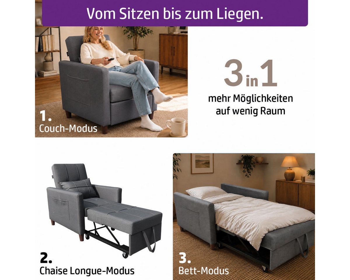 AMBINESS Schlafsofa 3in1, Einsitzer oder Zweisitzer, Sofa, Chaise Longue und Gästebett, 3 Farben, Liegefläche 200cm, 220g/m² Leinenstoff – Bild 4 von 5