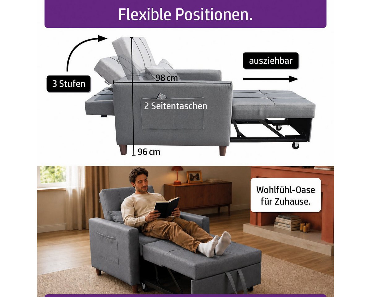 AMBINESS Schlafsofa 3in1, Einsitzer oder Zweisitzer, Sofa, Chaise Longue und Gästebett, 3 Farben, Liegefläche 200cm, 220g/m² Leinenstoff – Bild 5 von 5
