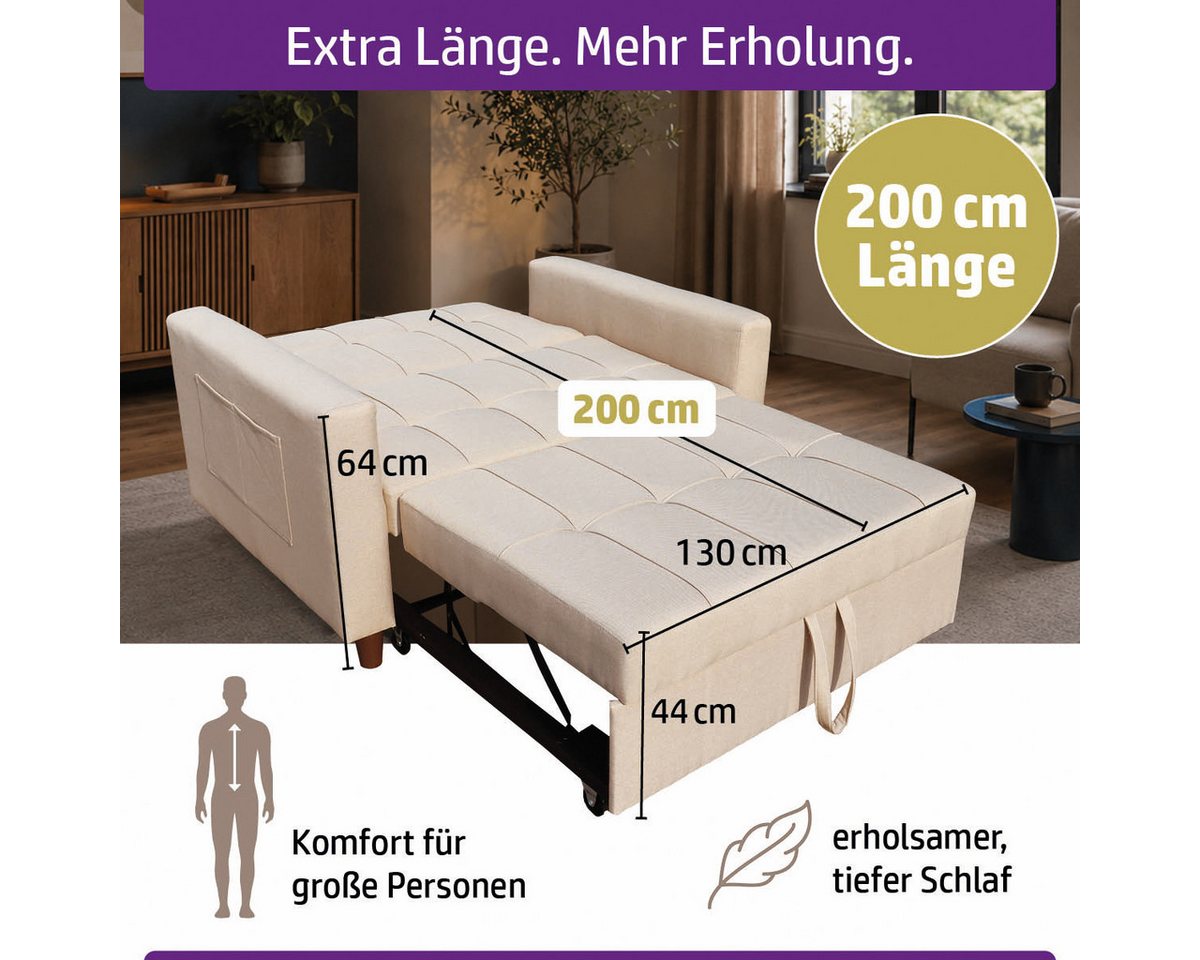 AMBINESS Schlafsofa 3in1, Einsitzer oder Zweisitzer, Sofa, Chaise Longue und Gästebett, 3 Farben, Liegefläche 200cm, 220g/m² Leinenstoff – Bild 3 von 5