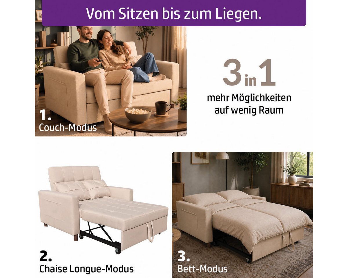 AMBINESS Schlafsofa 3in1, Einsitzer oder Zweisitzer, Sofa, Chaise Longue und Gästebett, 3 Farben, Liegefläche 200cm, 220g/m² Leinenstoff – Bild 4 von 5