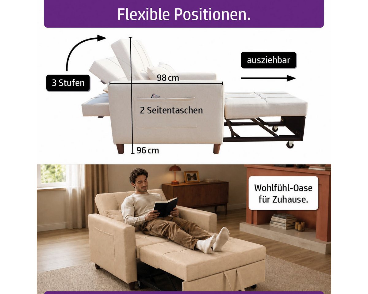 AMBINESS Schlafsofa 3in1, Einsitzer oder Zweisitzer, Sofa, Chaise Longue und Gästebett, 3 Farben, Liegefläche 200cm, 220g/m² Leinenstoff – Bild 5 von 5