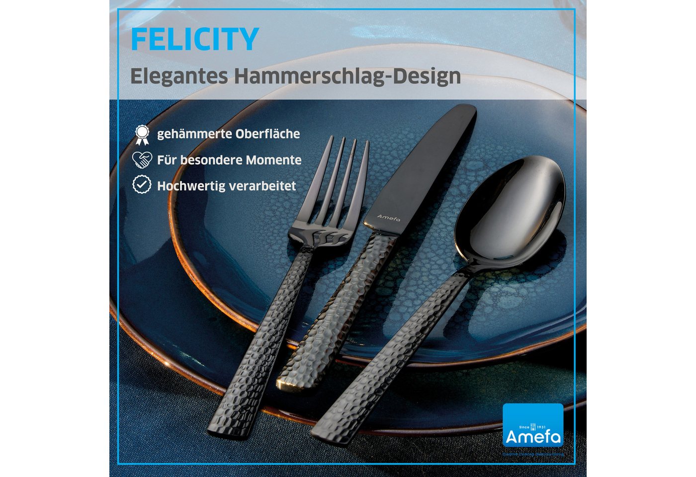 Amefa Besteck-Set FELICITY (30-tlg), 6 Personen, Edelstahl Rostfrei 18/0, Handreinigung empfohlen, schwarzfarbender PVD Veredelung, gehämmert – Bild 2 von 5