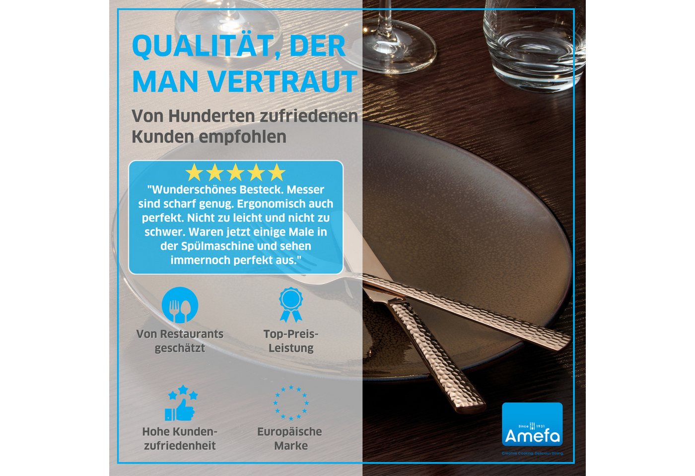 Amefa Besteck-Set FELICITY (30-tlg), 6 Personen, Edelstahl Rostfrei 18/0, Handreinigung empfohlen, schwarzfarbender PVD Veredelung, gehämmert – Bild 4 von 5