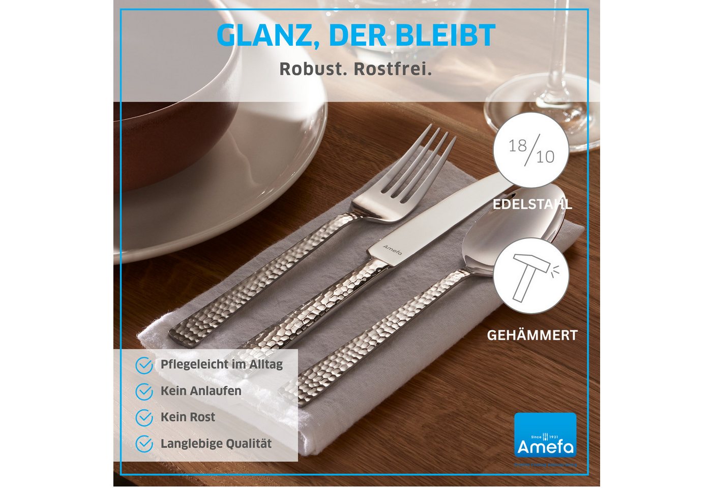 Amefa Besteck-Set FELICITY (30-tlg), 6 Personen, Edelstahl Rostfrei 18/0, spülmaschinenfest, gehämmerte Oberfläche – Bild 2 von 5