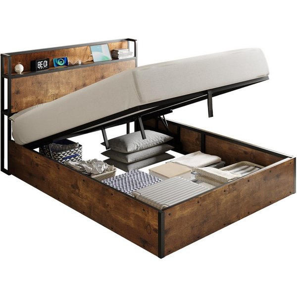 AMERLIFE Bett Doppelbett, Jugendbett mit hydraulischem Stauraum, USB & Steckdosen (1-tlg., Ohne Matratze), Industrie-Design, 140 x 200 cm