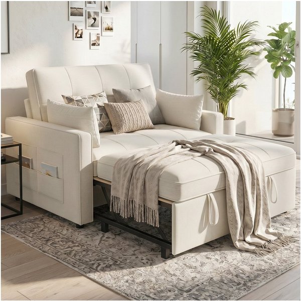 AMERLIFE Schlafsofa 3-in-1 Sofa, 5-stufig Verstellbar, mit Seitentaschen & Kissen, 122x93x94cm, 2er-Sofa mit Bettfunktion, 300kg tragbar