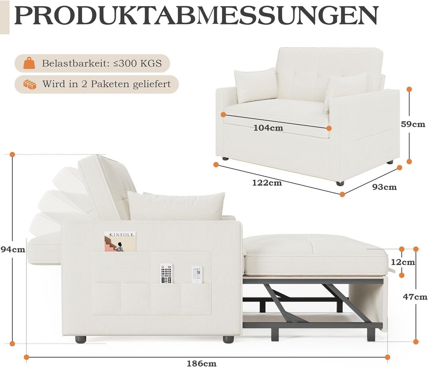 AMERLIFE Schlafsofa 3-in-1 Sofa, 5-stufig Verstellbar, mit Seitentaschen & Kissen, 122x93x94cm, 2er-Sofa mit Bettfunktion, 300kg tragbar – Bild 3 von 5