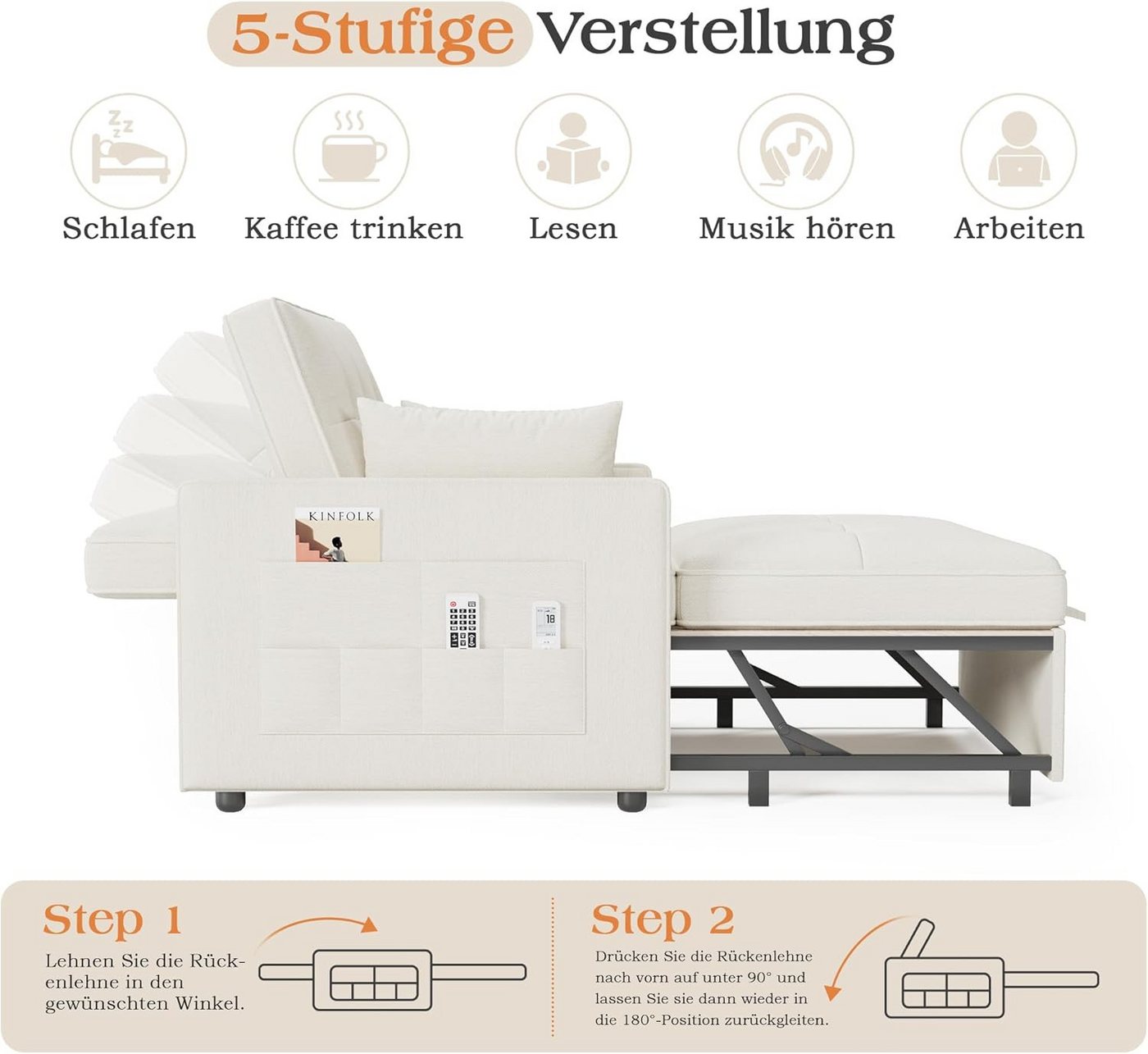 AMERLIFE Schlafsofa 3-in-1 Sofa, 5-stufig Verstellbar, mit Seitentaschen & Kissen, 122x93x94cm, 2er-Sofa mit Bettfunktion, 300kg tragbar – Bild 4 von 5