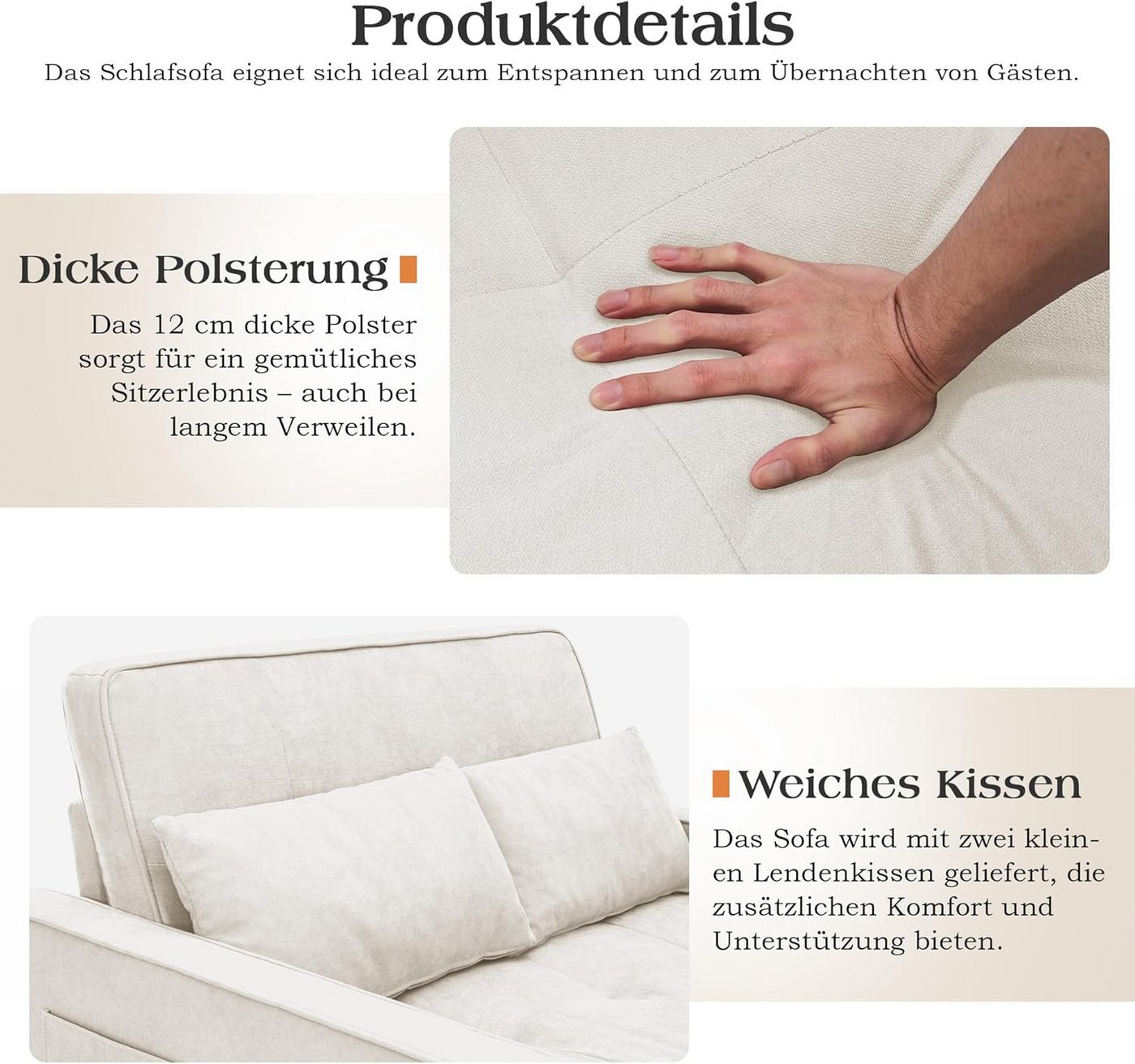 AMERLIFE Schlafsofa 3-in-1 Sofa, 5-stufig Verstellbar, mit Seitentaschen & Kissen, 122x93x94cm, 2er-Sofa mit Bettfunktion, 300kg tragbar – Bild 5 von 5