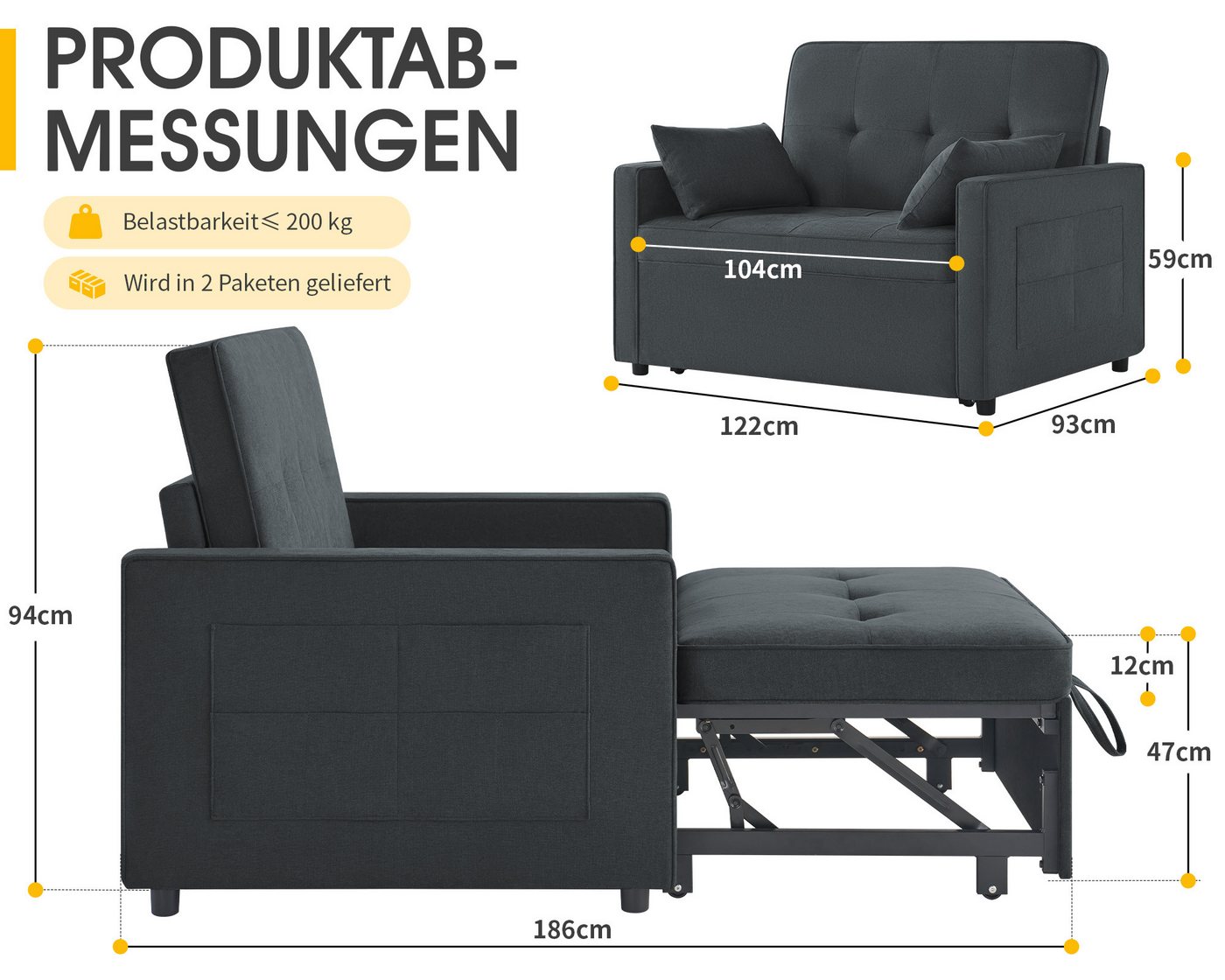 AMERLIFE Schlafsofa 3-in-1 Sofa, 5-stufig Verstellbar, mit Seitentaschen & Kissen, 122x93x94cm, 2er-Sofa mit Bettfunktion, 300kg tragbar – Bild 2 von 5