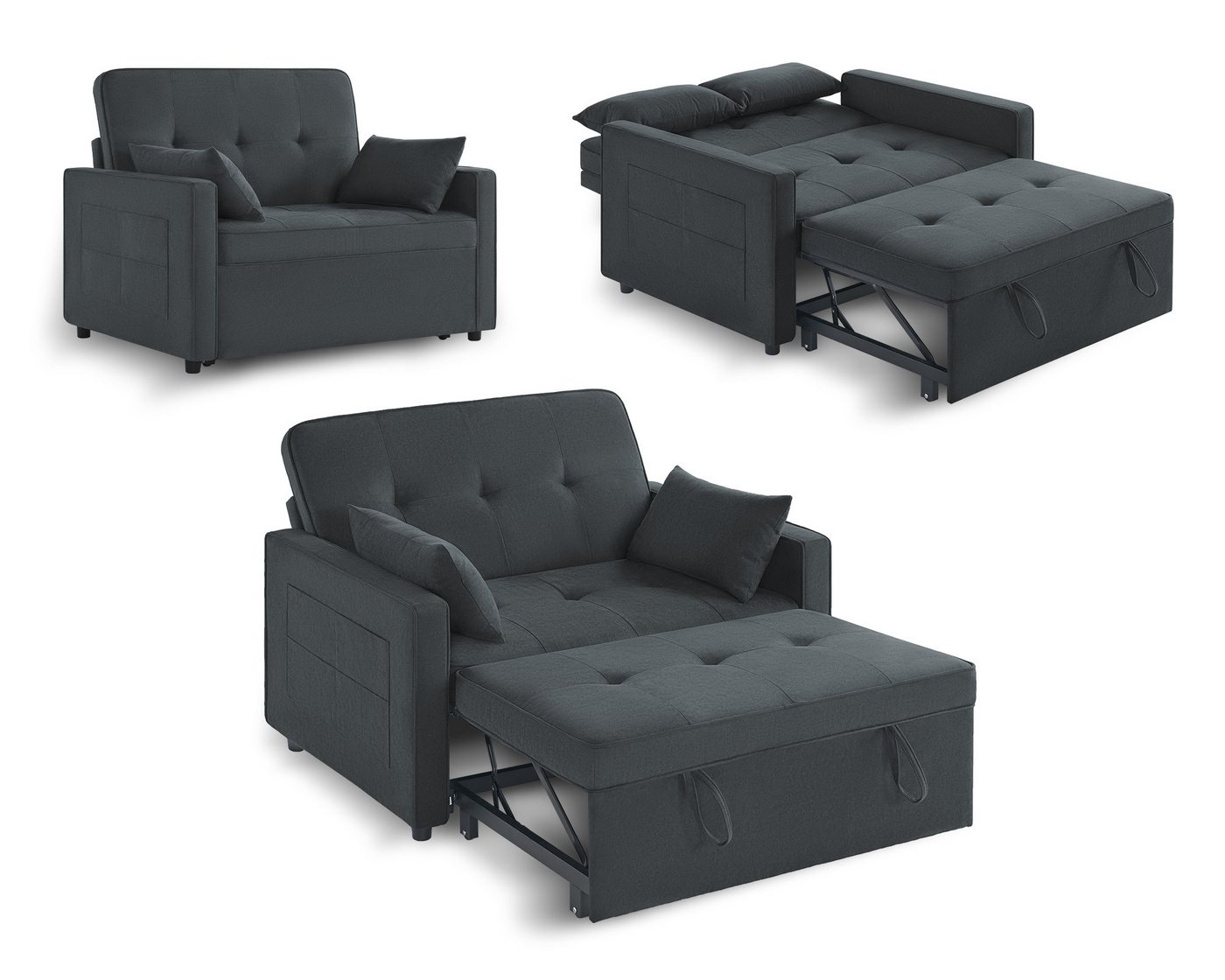 AMERLIFE Schlafsofa 3-in-1 Sofa, 5-stufig Verstellbar, mit Seitentaschen & Kissen, 122x93x94cm, 2er-Sofa mit Bettfunktion, 300kg tragbar – Bild 3 von 5