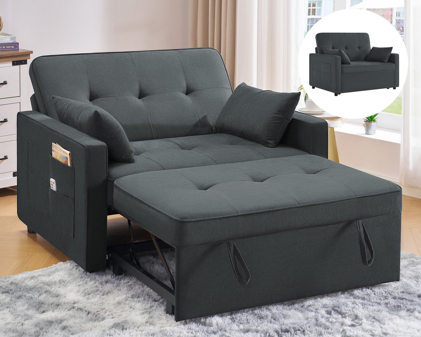 AMERLIFE Schlafsofa 3-in-1 Sofa, 5-stufig Verstellbar, mit Seitentaschen & Kissen, 122x93x94cm, 2er-Sofa mit Bettfunktion, 300kg tragbar – Bild 4 von 5