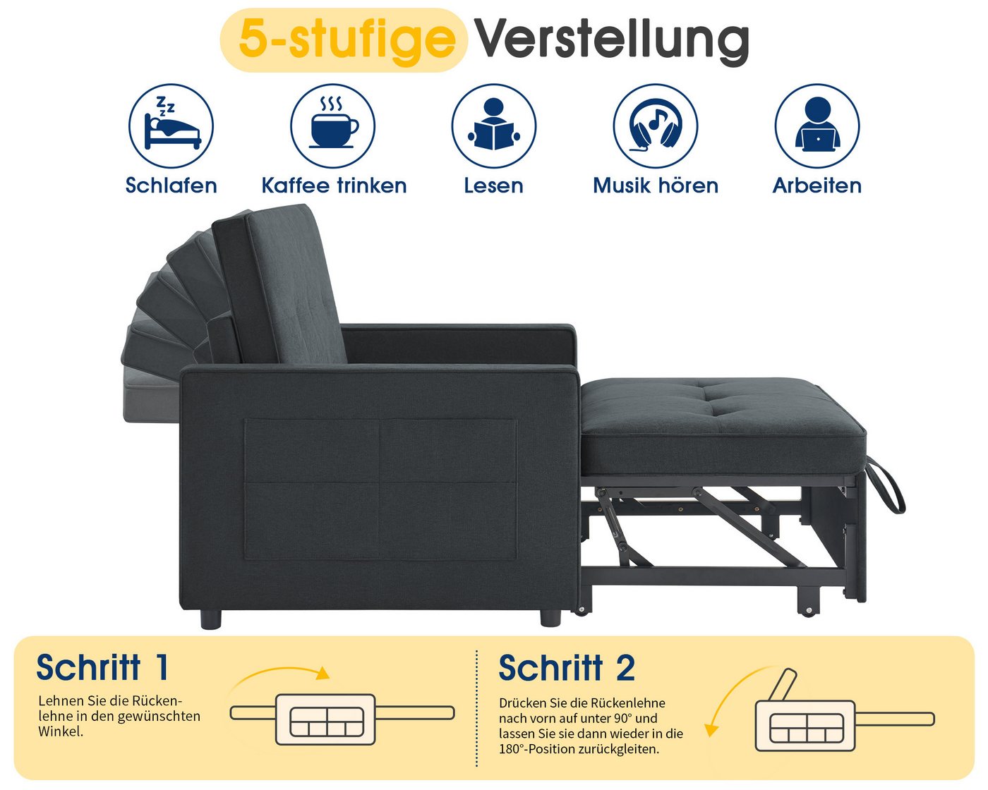 AMERLIFE Schlafsofa 3-in-1 Sofa, 5-stufig Verstellbar, mit Seitentaschen & Kissen, 122x93x94cm, 2er-Sofa mit Bettfunktion, 300kg tragbar – Bild 5 von 5