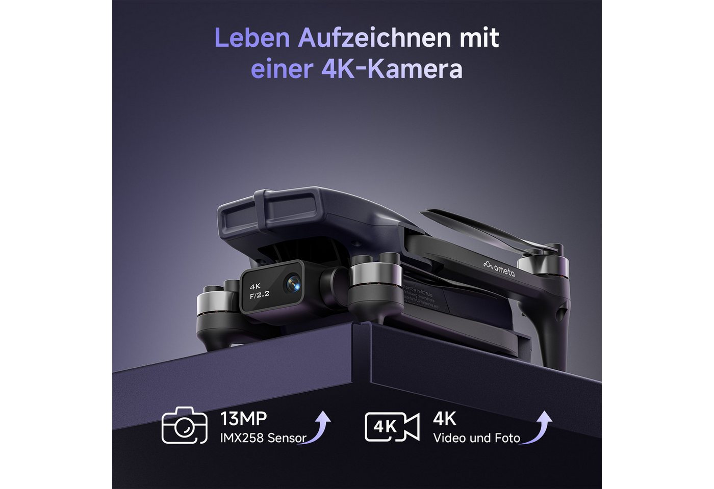 AMETA mit Kamera 4K und GPS, 50 Min Flugzeit, Follow-Me, Bürstenloser Motor Drohne (4K Ultra HD, Spar-Set, Perfekt für Anfänger Kinder, Auto Return, Gestensteue – Bild 3 von 5