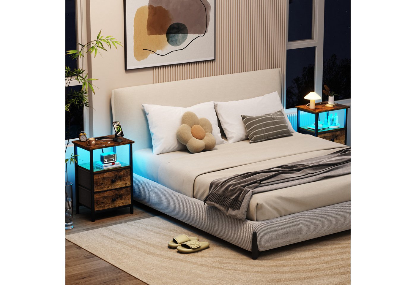 AMHANCIBLE Nachttisch 2er-Set mit integrierter Ladestation, LED-Beleuchtung & 2 Schubladen (2-St), multifunktionaler Beistelltisch mit offenem Fach, 40x30x60cm – Bild 4 von 5