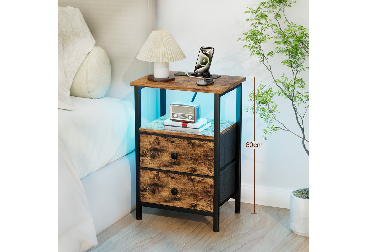 AMHANCIBLE Nachttisch 2er-Set mit integrierter Ladestation, LED-Beleuchtung & 2 Schubladen (2-St), multifunktionaler Beistelltisch mit offenem Fach, 40x30x60cm – Bild 5 von 5