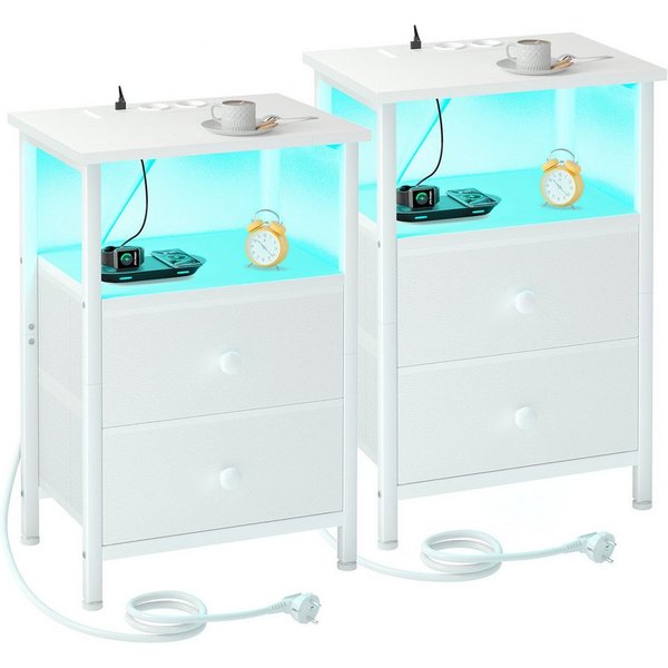AMHANCIBLE Nachttisch 2er-Set mit integrierter Ladestation, LED-Beleuchtung & 2 Schubladen (2-St), multifunktionaler Beistelltisch mit offenem Fach, 40x30x60cm
