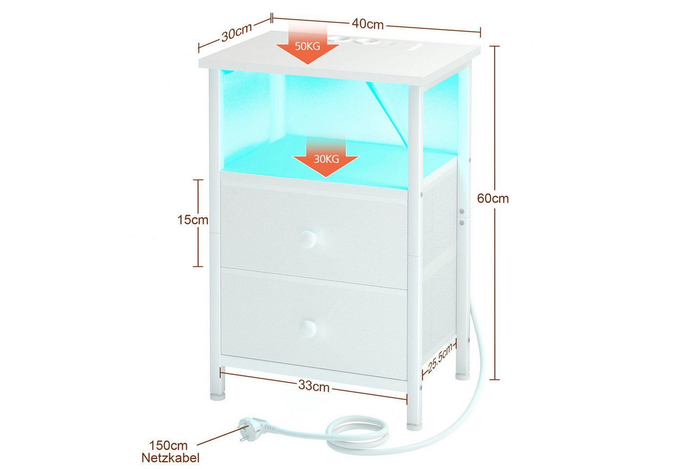 AMHANCIBLE Nachttisch 2er-Set mit integrierter Ladestation, LED-Beleuchtung & 2 Schubladen (2-St), multifunktionaler Beistelltisch mit offenem Fach, 40x30x60cm – Bild 2 von 5