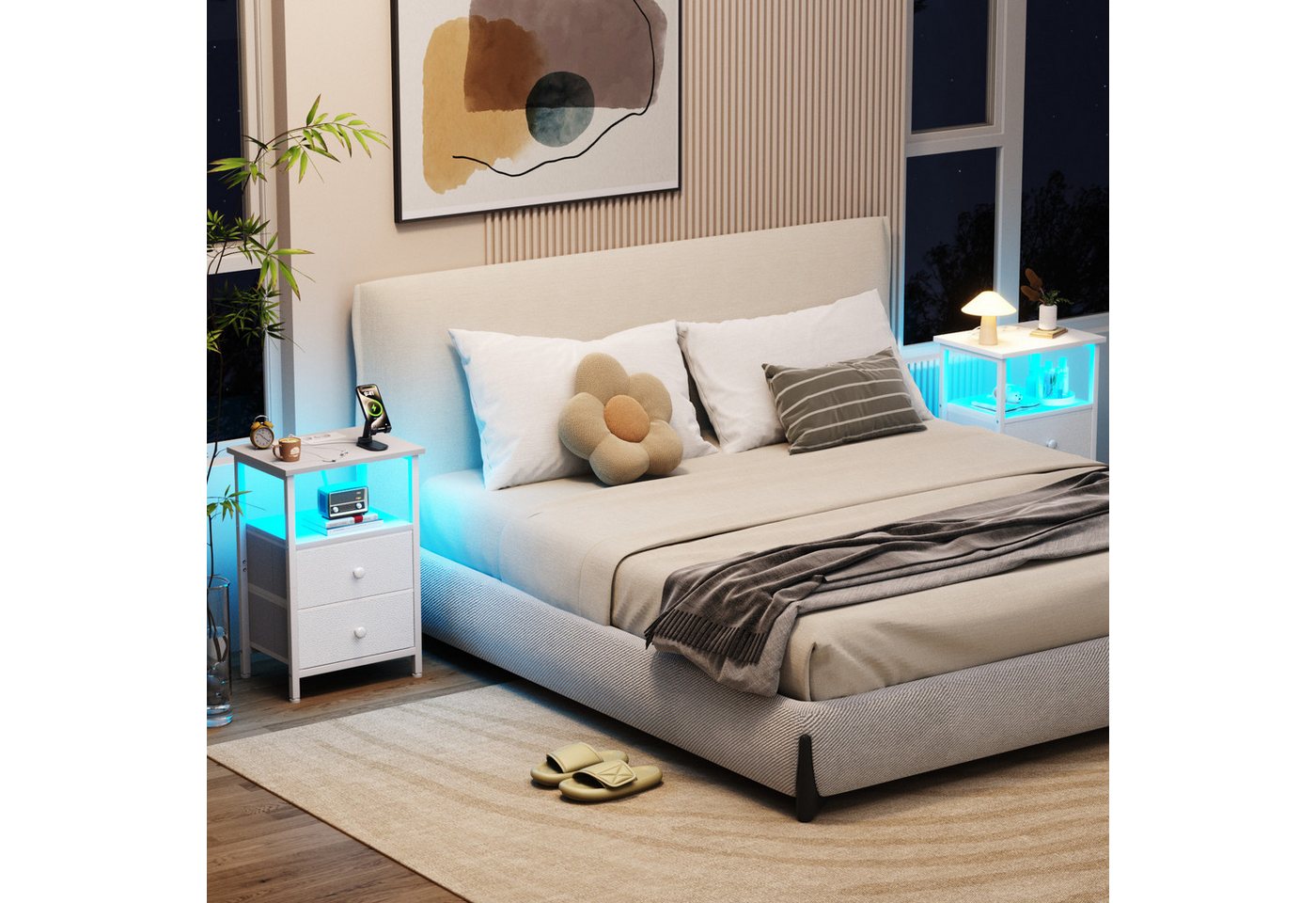 AMHANCIBLE Nachttisch 2er-Set mit integrierter Ladestation, LED-Beleuchtung & 2 Schubladen (2-St), multifunktionaler Beistelltisch mit offenem Fach, 40x30x60cm – Bild 4 von 5