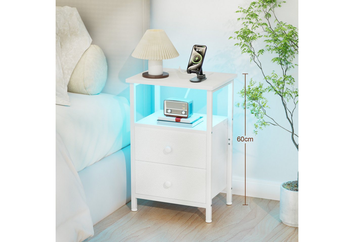 AMHANCIBLE Nachttisch 2er-Set mit integrierter Ladestation, LED-Beleuchtung & 2 Schubladen (2-St), multifunktionaler Beistelltisch mit offenem Fach, 40x30x60cm – Bild 5 von 5