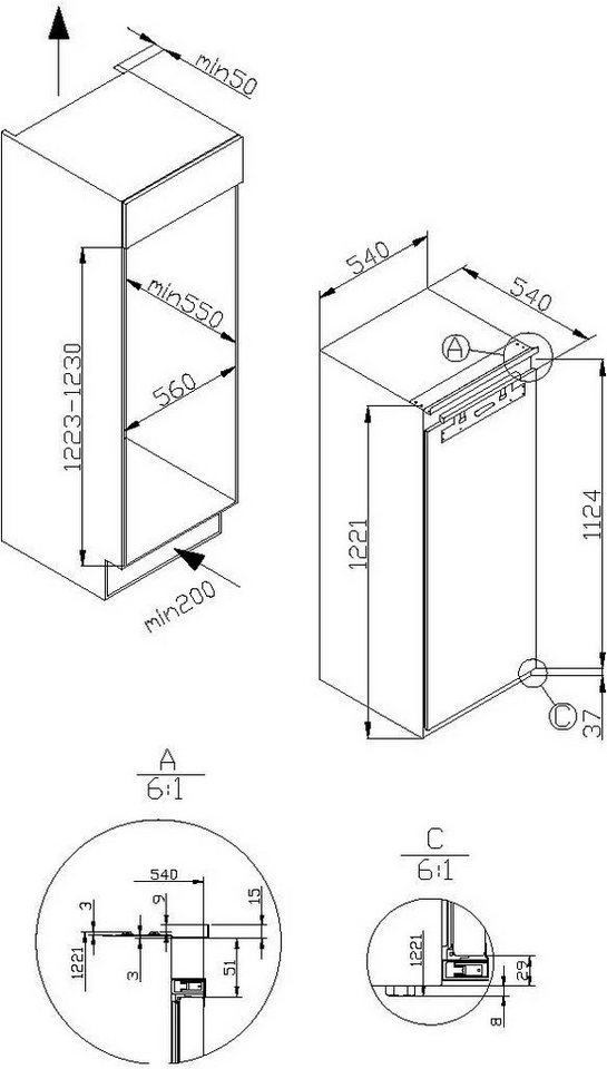 Amica Einbaukühlschrank EKSX 362 241, 122,1 cm hoch, 54 cm breit, Einbaukühlschrank mit leiser Kühlung, LED‑Sicht und Eisbehälter – Bild 2 von 2